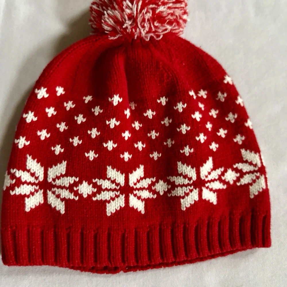 Hanna Andersson Sweaterknit Hat Pom Pom Red White Snowflake Size M Age 2-6  21cm